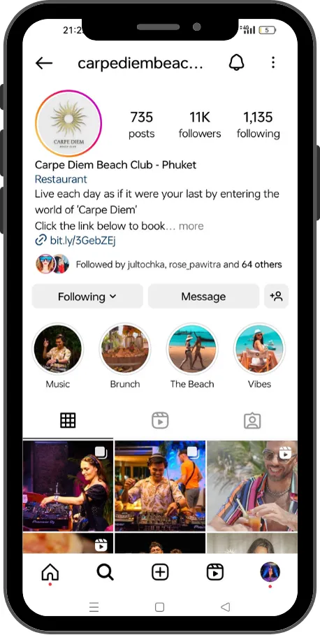 Instagram profile mockup on a phone — 11K followers, Music and Brunch highlights