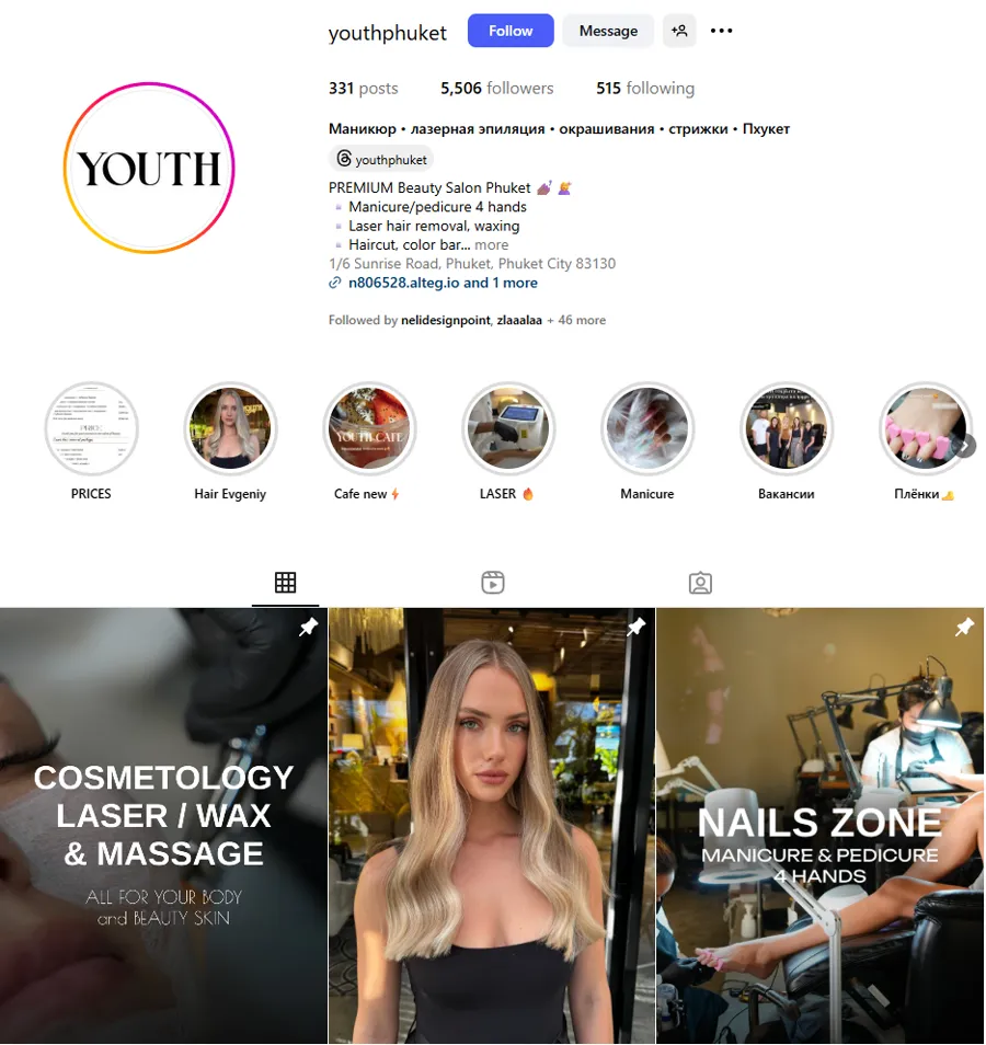 Instagram profile mockup — 5,506 followers, nails, laser and beauty services